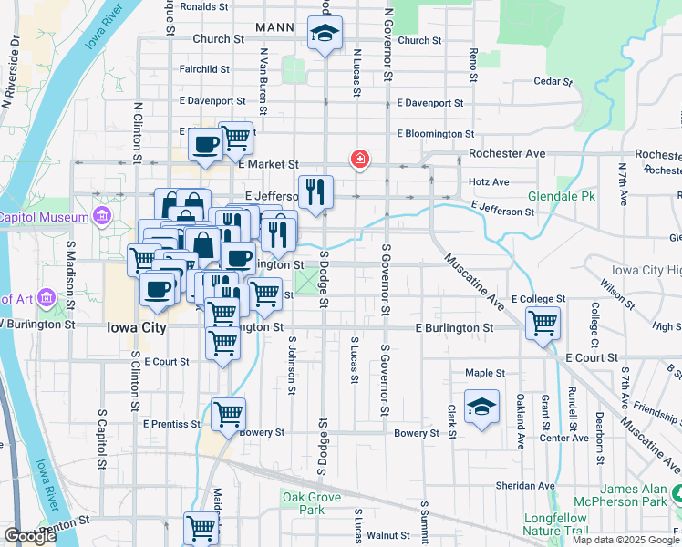 map of restaurants, bars, coffee shops, grocery stores, and more near 112 South Dodge Street in Iowa City