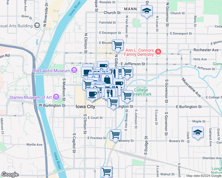 map of restaurants, bars, coffee shops, grocery stores, and more near 116 South Linn Street in Iowa City
