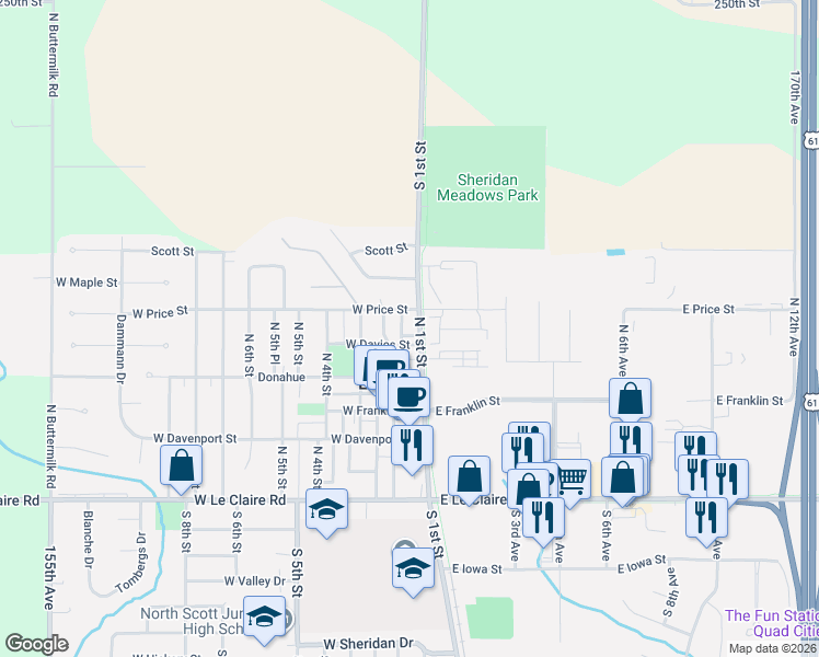 map of restaurants, bars, coffee shops, grocery stores, and more near 508 North 1st Street in Eldridge