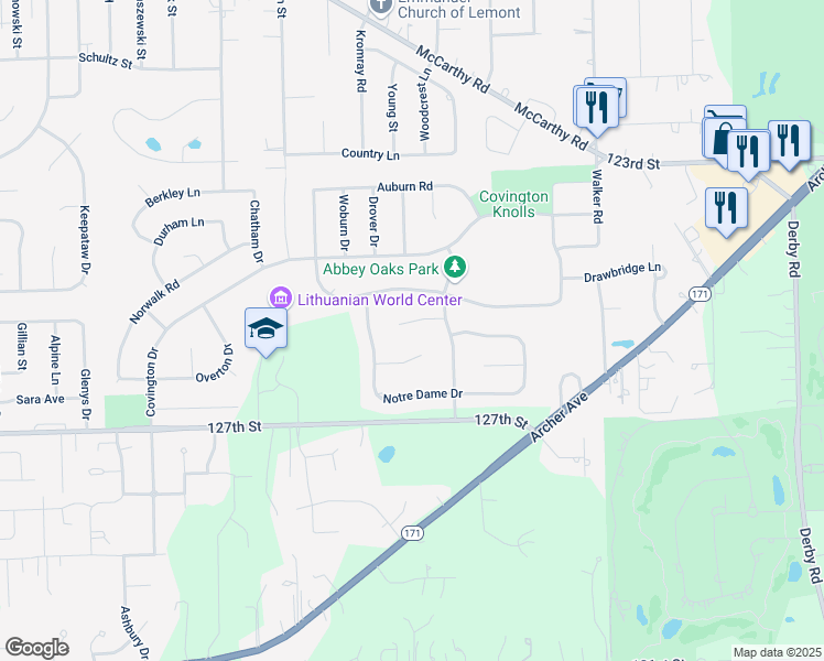 map of restaurants, bars, coffee shops, grocery stores, and more near 1212 Saint Brendans Court in Lemont
