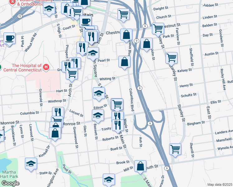 map of restaurants, bars, coffee shops, grocery stores, and more near 181 Maple Street in New Britain