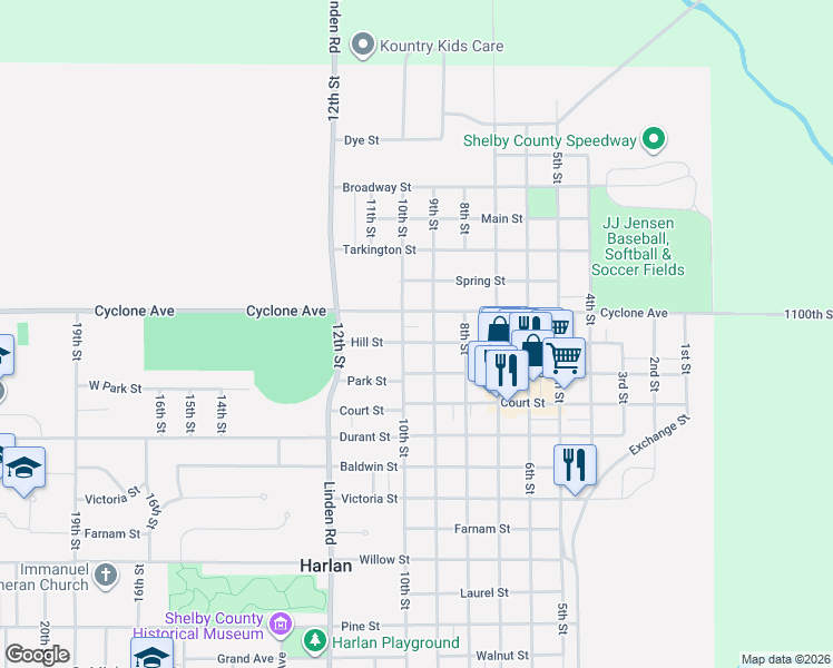 map of restaurants, bars, coffee shops, grocery stores, and more near 908 Hill Street in Harlan