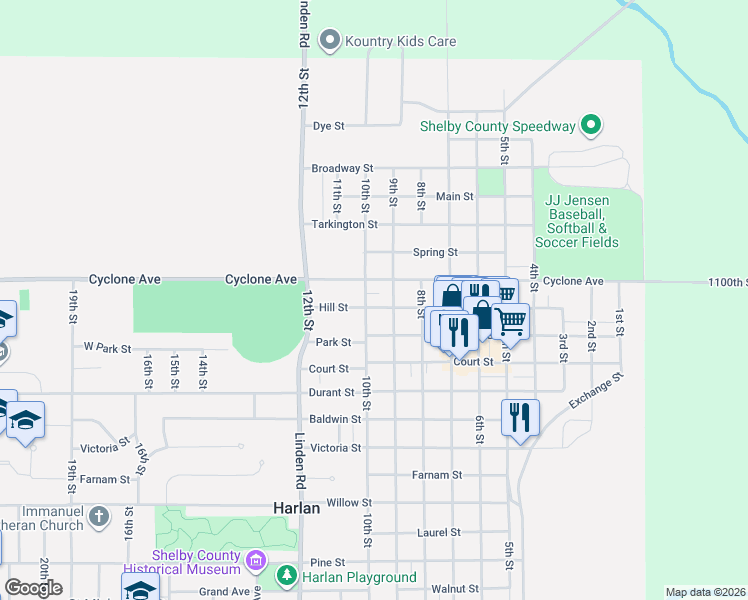 map of restaurants, bars, coffee shops, grocery stores, and more near 908 Hill Street in Harlan