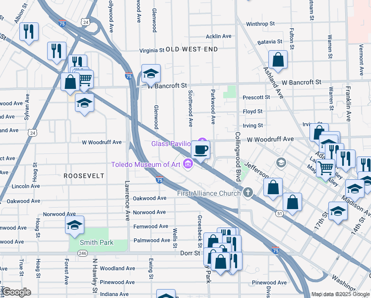 map of restaurants, bars, coffee shops, grocery stores, and more near 2520 Monroe Street in Toledo