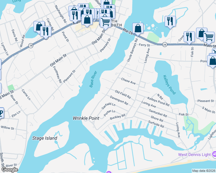 map of restaurants, bars, coffee shops, grocery stores, and more near 133 Uncle Barneys Road in Dennis