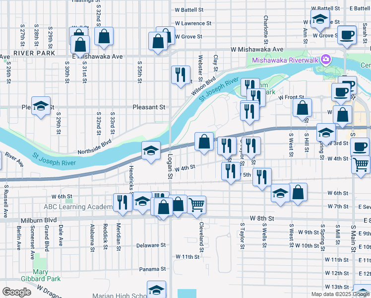 map of restaurants, bars, coffee shops, grocery stores, and more near 201 Cleveland Street in Mishawaka