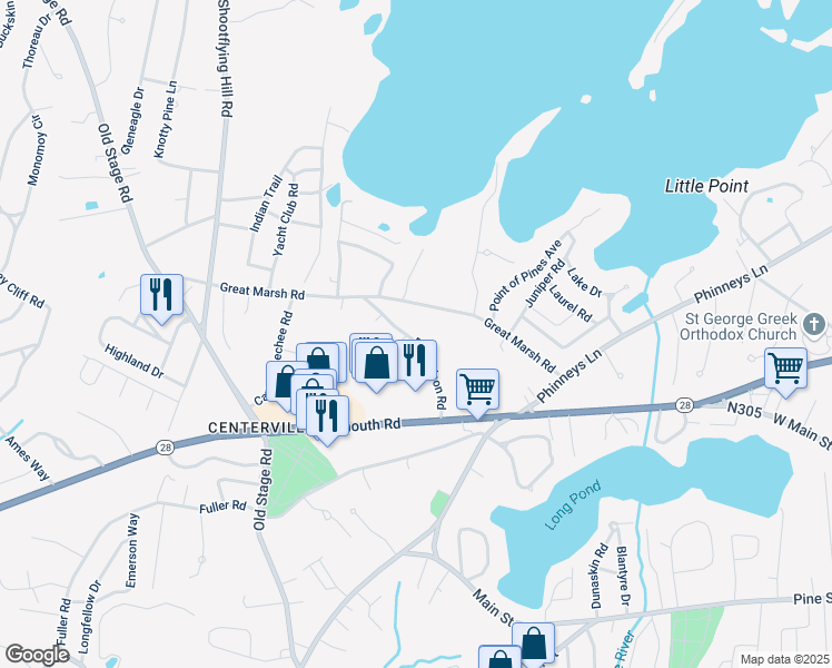 map of restaurants, bars, coffee shops, grocery stores, and more near 108 Richardson Road in Barnstable