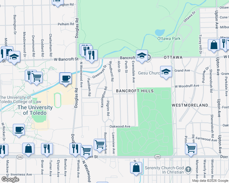 map of restaurants, bars, coffee shops, grocery stores, and more near 2003 Alvin Street in Toledo