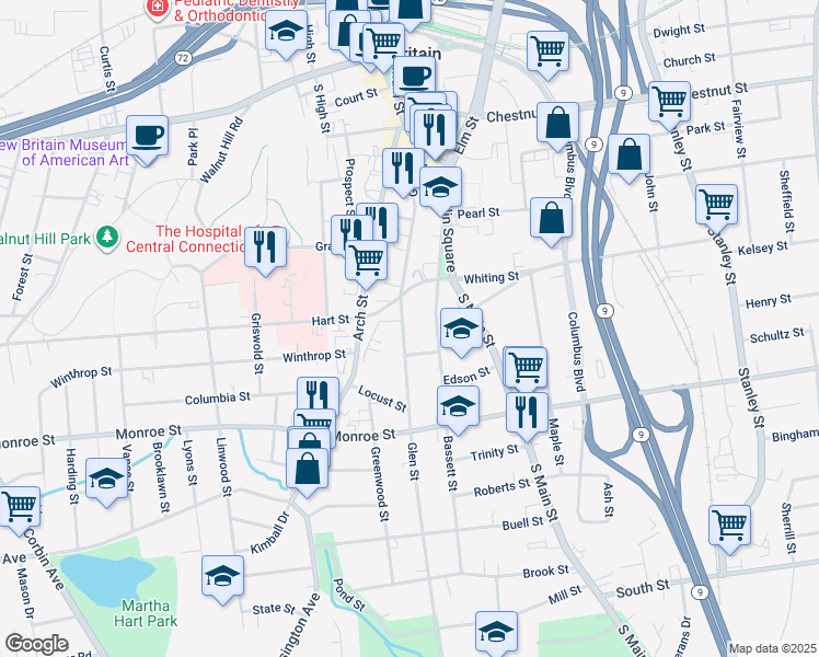 map of restaurants, bars, coffee shops, grocery stores, and more near 192 Glen Street in New Britain