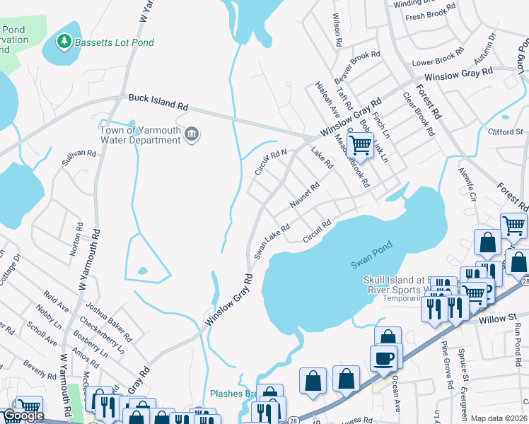 map of restaurants, bars, coffee shops, grocery stores, and more near 19 Circuit Road West in Yarmouth