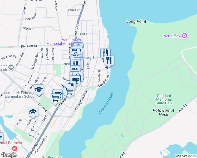 map of restaurants, bars, coffee shops, grocery stores, and more near 37 Castle Street in East Greenwich