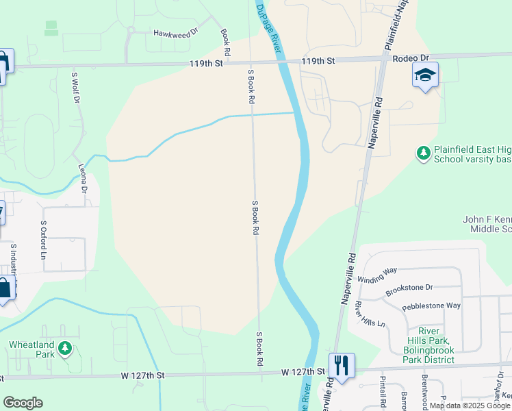 map of restaurants, bars, coffee shops, grocery stores, and more near 12264 Book Road in Plainfield