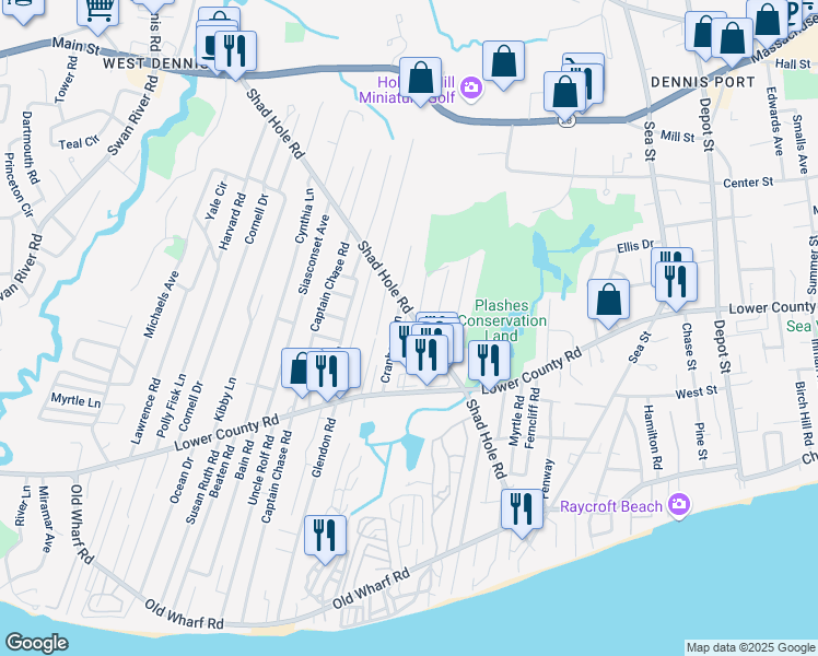 map of restaurants, bars, coffee shops, grocery stores, and more near 18 Cranberry Lane in Dennis