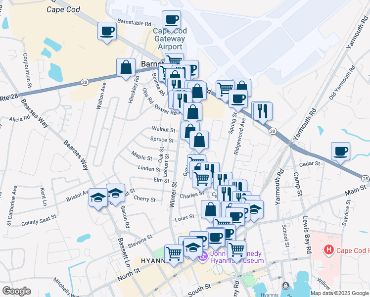 map of restaurants, bars, coffee shops, grocery stores, and more near 294 Winter Street in Barnstable