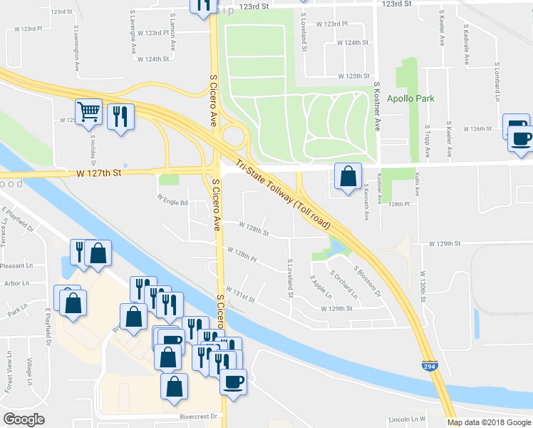 map of restaurants, bars, coffee shops, grocery stores, and more near 12242 South McDaniels Street in Alsip