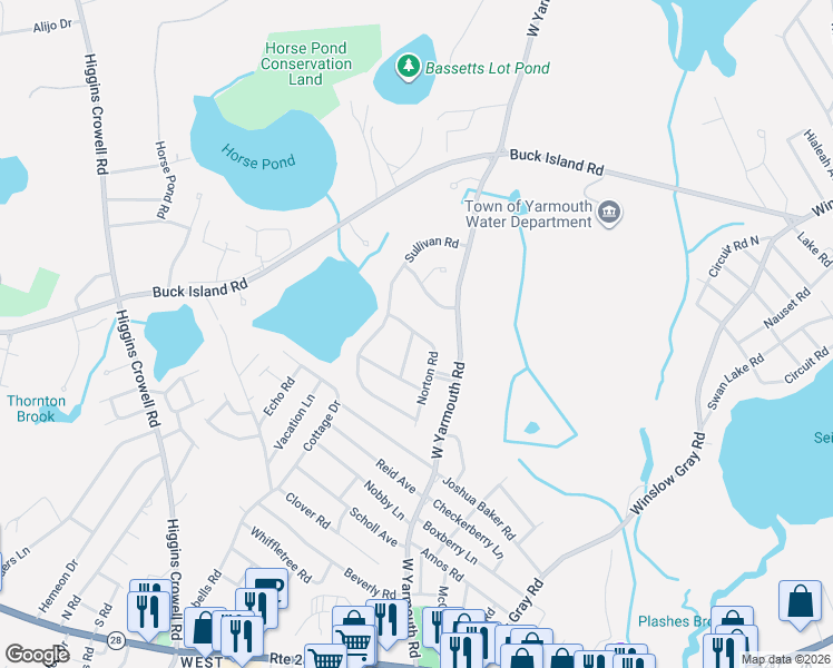 map of restaurants, bars, coffee shops, grocery stores, and more near 21 Norton Road in Yarmouth