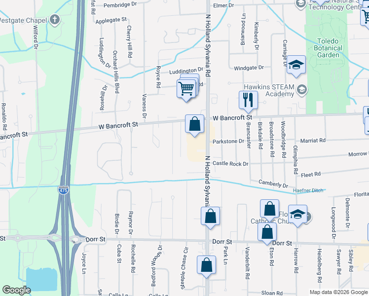 map of restaurants, bars, coffee shops, grocery stores, and more near 2041 Oakside Road in Toledo