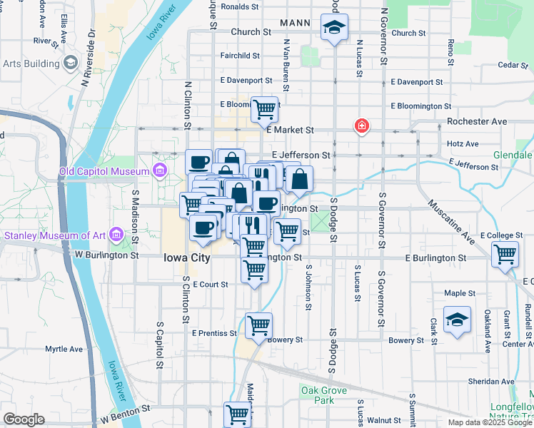 map of restaurants, bars, coffee shops, grocery stores, and more near 407 East Washington Street in Iowa City