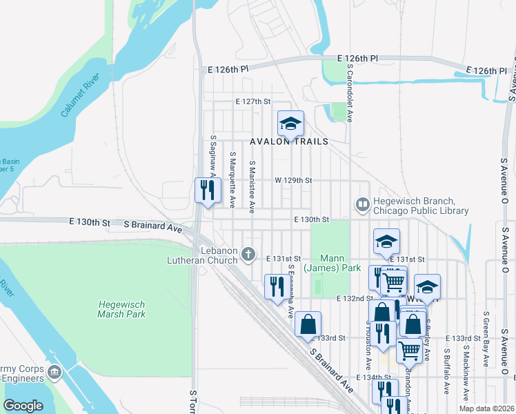 map of restaurants, bars, coffee shops, grocery stores, and more near 2814 East 130th Street in Chicago