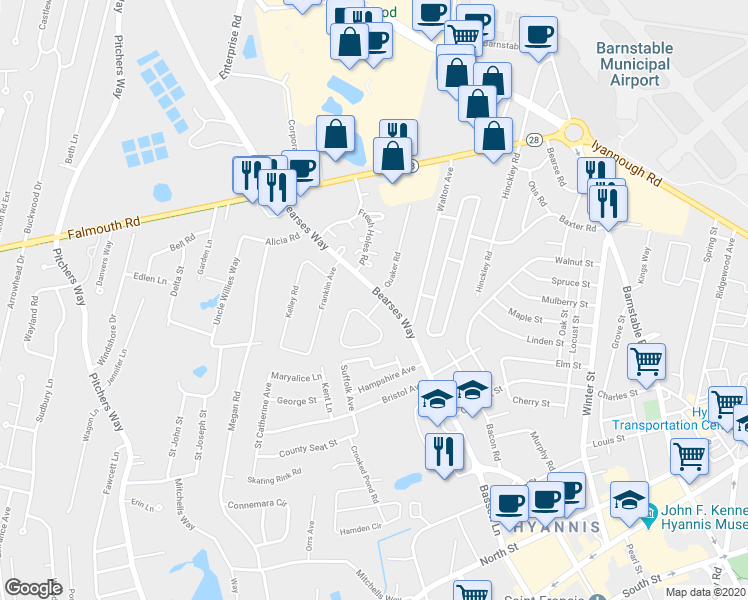 map of restaurants, bars, coffee shops, grocery stores, and more near 1 General Patton Drive in Barnstable