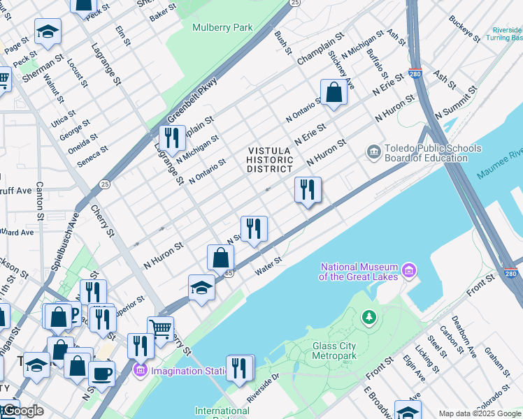 map of restaurants, bars, coffee shops, grocery stores, and more near 515 Chestnut Street in Toledo