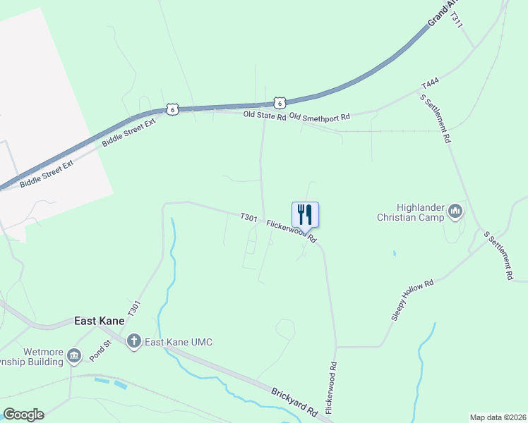 map of restaurants, bars, coffee shops, grocery stores, and more near Flickerwood Road in Kane