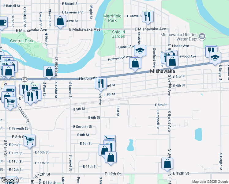 map of restaurants, bars, coffee shops, grocery stores, and more near 948 East 4th Street in Mishawaka