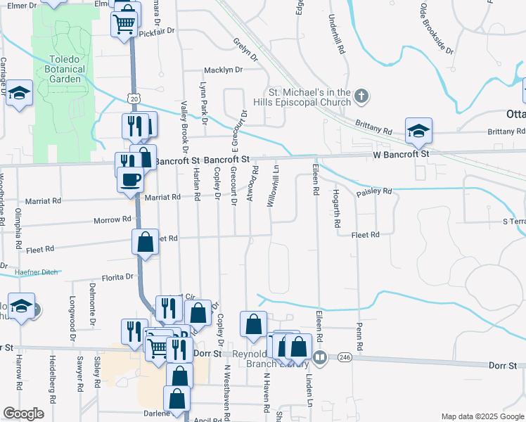 map of restaurants, bars, coffee shops, grocery stores, and more near 4936 Fleet Road in Toledo