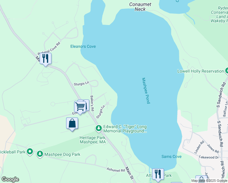 map of restaurants, bars, coffee shops, grocery stores, and more near 30 Baker's Road in Mashpee