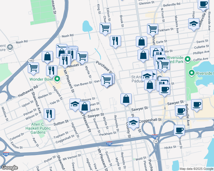 map of restaurants, bars, coffee shops, grocery stores, and more near 2301 Purchase Street in New Bedford