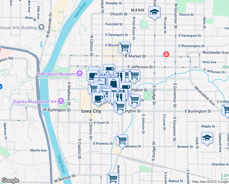 map of restaurants, bars, coffee shops, grocery stores, and more near 116 South Linn Street in Iowa City