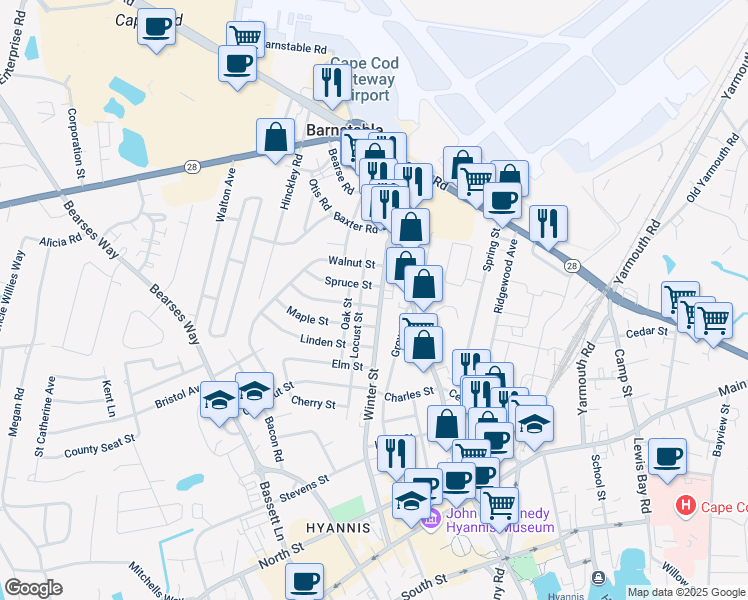 map of restaurants, bars, coffee shops, grocery stores, and more near 15 Mulberry Street in Barnstable