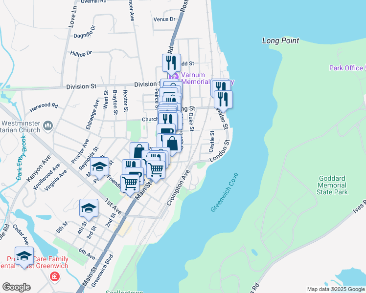 map of restaurants, bars, coffee shops, grocery stores, and more near 310 Main Street in East Greenwich
