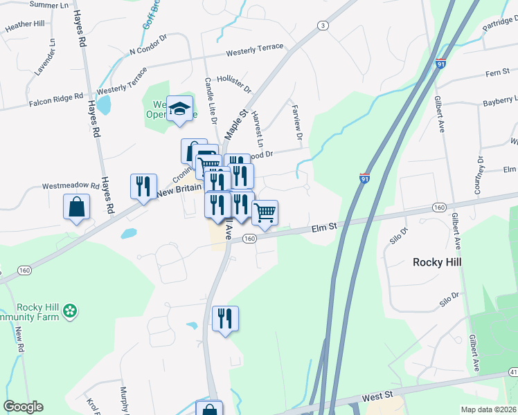 map of restaurants, bars, coffee shops, grocery stores, and more near 41 Little Oak Lane in Rocky Hill