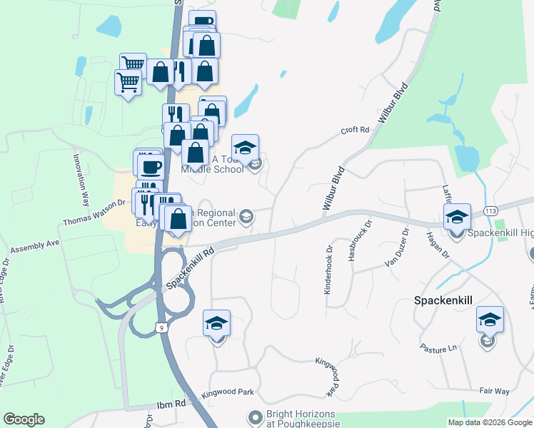 map of restaurants, bars, coffee shops, grocery stores, and more near 5 Croft Road in Poughkeepsie