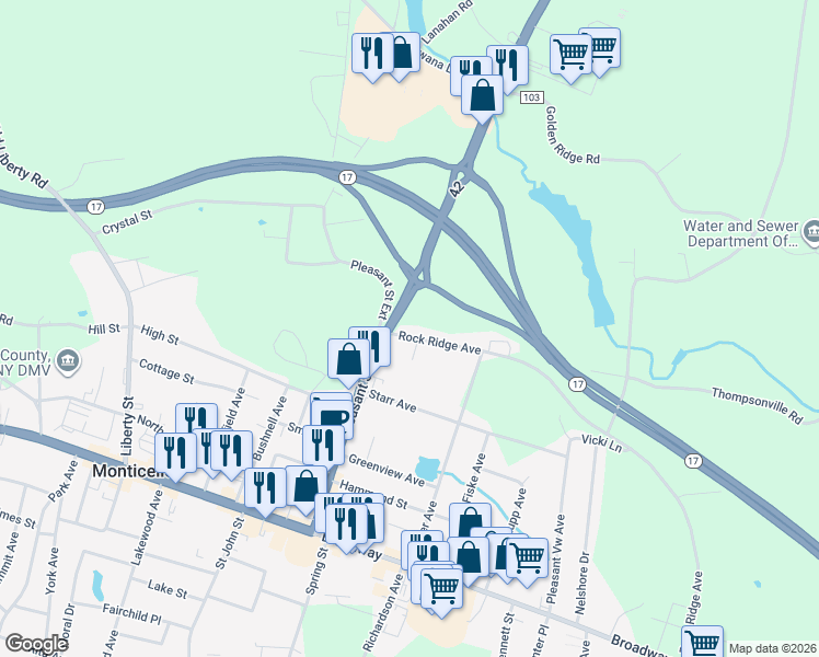 map of restaurants, bars, coffee shops, grocery stores, and more near 4 Rock Ridge Avenue in Monticello