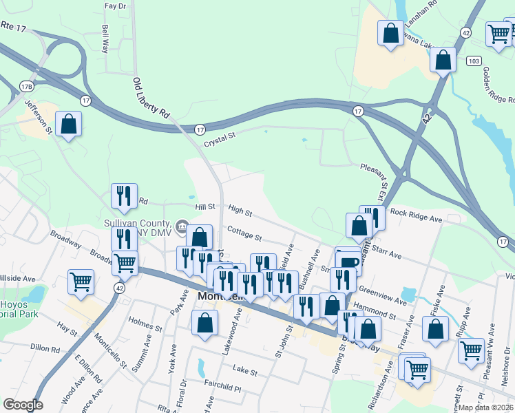 map of restaurants, bars, coffee shops, grocery stores, and more near 72 High Street in Monticello