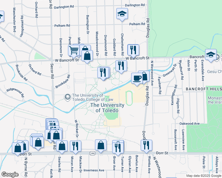 map of restaurants, bars, coffee shops, grocery stores, and more near Stadium Dr in Toledo