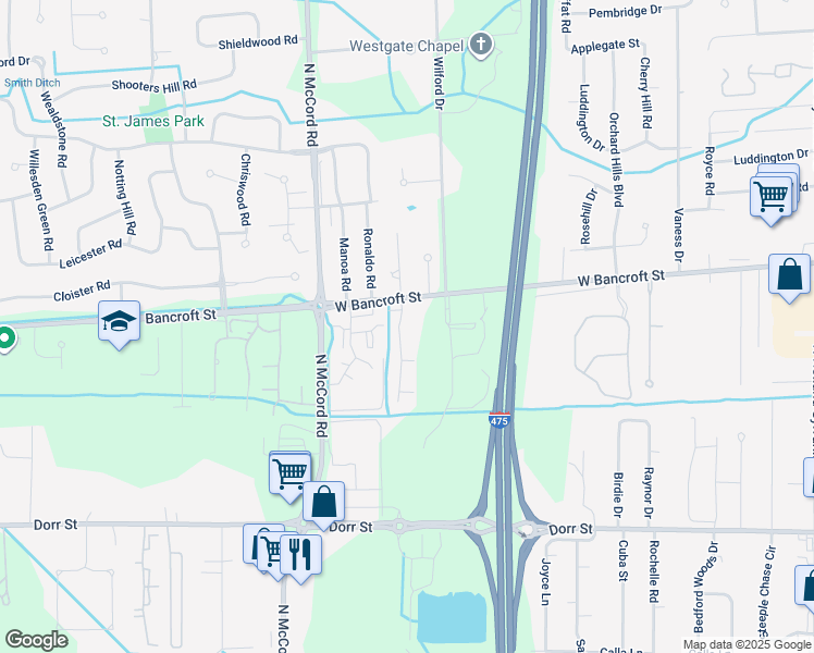map of restaurants, bars, coffee shops, grocery stores, and more near 2140 Country Trace Place in Toledo