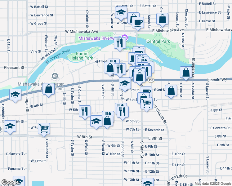 map of restaurants, bars, coffee shops, grocery stores, and more near 320 West 4th Street in Mishawaka