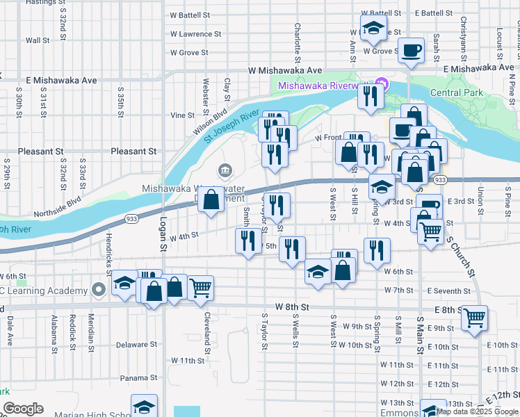 map of restaurants, bars, coffee shops, grocery stores, and more near 214 South Taylor Street in Mishawaka