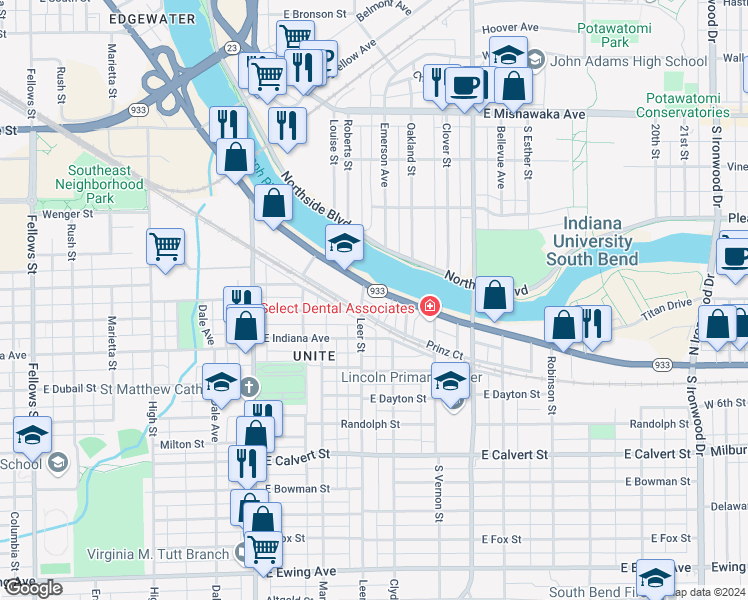 map of restaurants, bars, coffee shops, grocery stores, and more near Prinz Court in South Bend