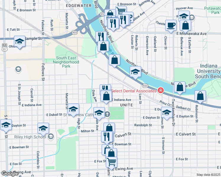 map of restaurants, bars, coffee shops, grocery stores, and more near 1421 Miami Street in South Bend