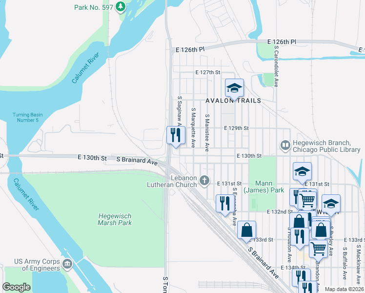 map of restaurants, bars, coffee shops, grocery stores, and more near 2640 East 130th Street in Chicago
