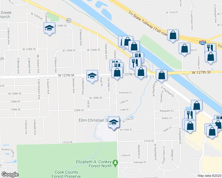 map of restaurants, bars, coffee shops, grocery stores, and more near 12743 Carriage Lane in Crestwood