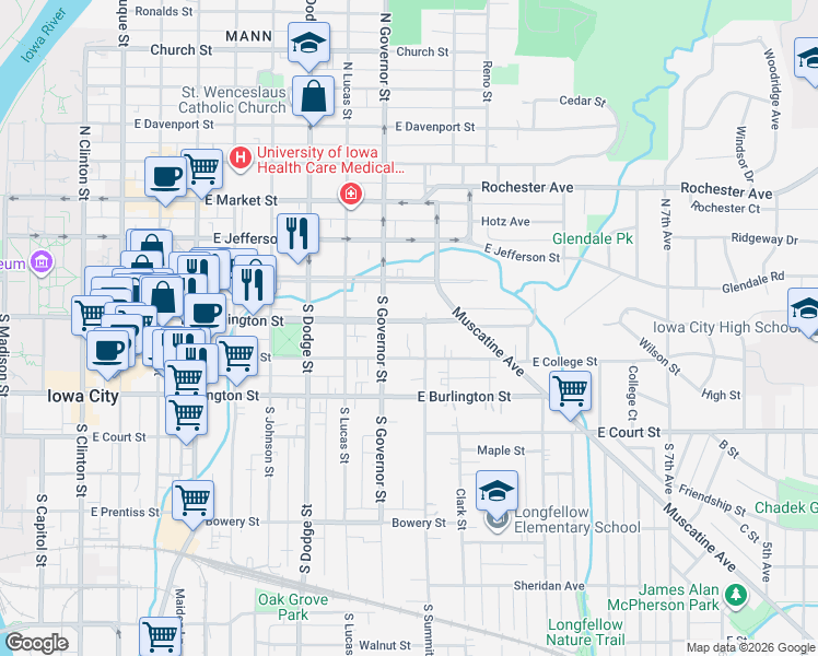 map of restaurants, bars, coffee shops, grocery stores, and more near 112 South Governor Street in Iowa City