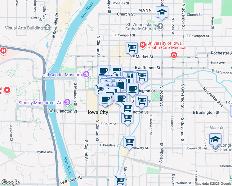 map of restaurants, bars, coffee shops, grocery stores, and more near 116 South Linn Street in Iowa City