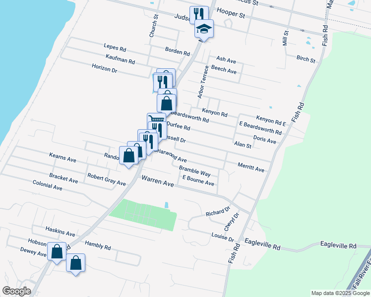 map of restaurants, bars, coffee shops, grocery stores, and more near 25 Merritt Avenue in Tiverton