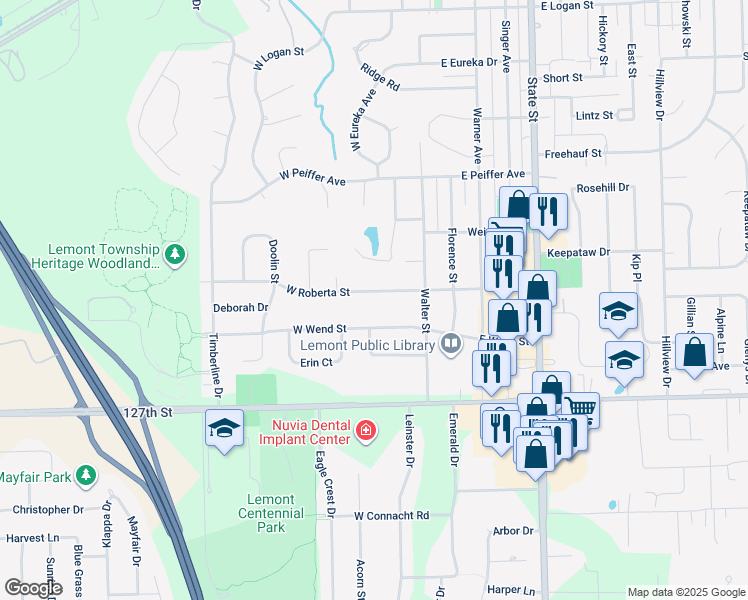 map of restaurants, bars, coffee shops, grocery stores, and more near 16 West Roberta Street in Lemont