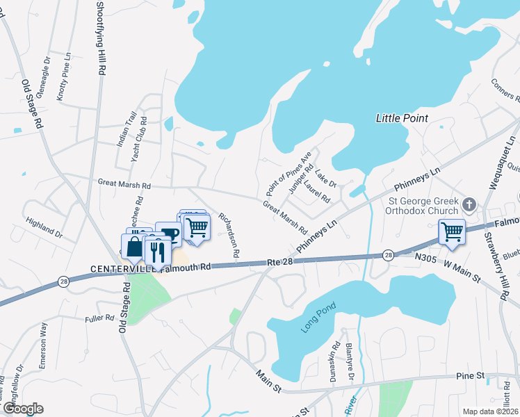 map of restaurants, bars, coffee shops, grocery stores, and more near 75 Great Marsh Road in Barnstable
